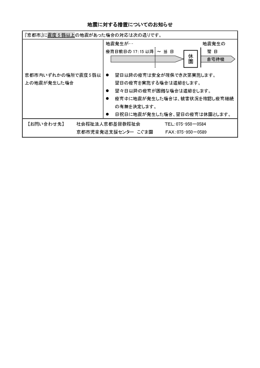 地震に対する措置についてのお知らせ