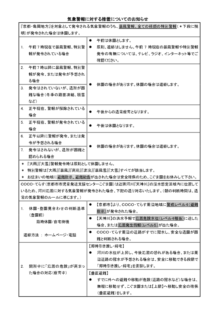 気象警報にに対する措置についてのお知らせ